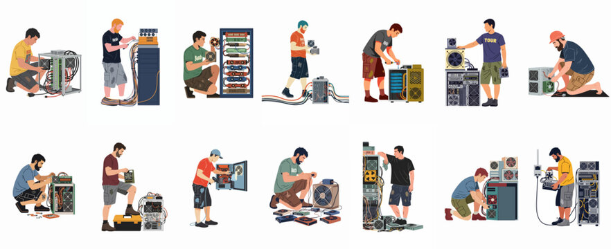 Set of flat vector illustrations featuring men repairing and maintaining computer server equipment and cryptocurrency mining rigs on a white background.