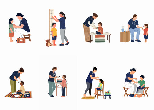 Humanitarian Medical Aid Illustration Showing Healthcare Professionals Providing Checkups and Treatments to Children in Underprivileged Communities