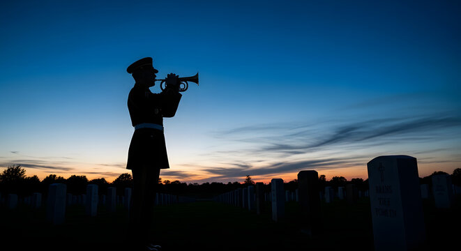 Soldier playing bugle in cemetery at sunset