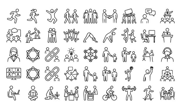 People in action line 38 icon set with running jumping teamwork and editable stroke vector collection