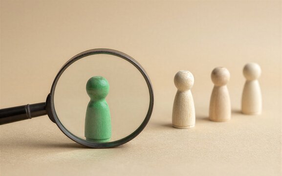 Magnifying glass highlights a green figure while others stand in the