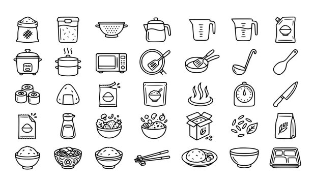 Rice doodle 30 icon set with bowl chopsticks rice cooker and editable stroke vector collection