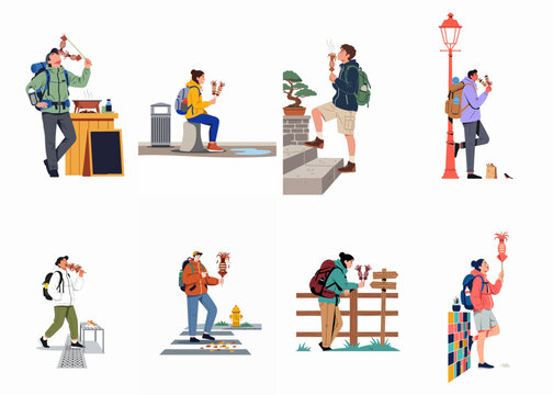 Set of flat illustrations featuring various tourists and hikers with backpacks enjoying grilled squid skewers in different outdoor and urban locations.