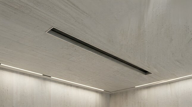 Modern concrete ceiling with linear lighting and ventilation system