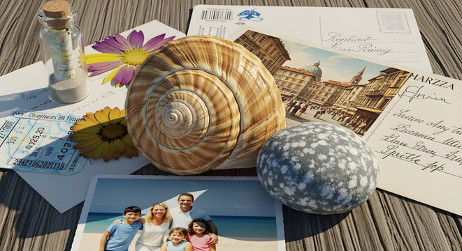 Travel mementos and souvenirs on wooden table