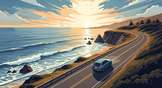 Vector illustration of a blue car driving along a winding coastal highway on high cliffs at sunset, overlooking the ocean with crashing waves, a sandy beach, and mountain peaks.