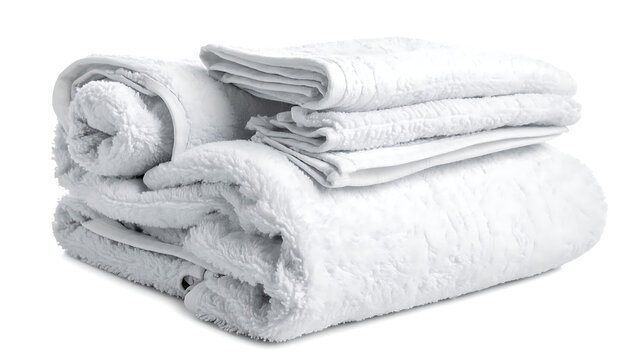 Stack of clean white terry cloth towels, neatly folded and rolled for spa or bathroom use, soft texture