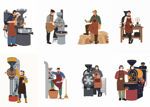 A collection of illustrations depicting professional coffee roasters working with industrial machinery and sacks of beans in a roasting facility.