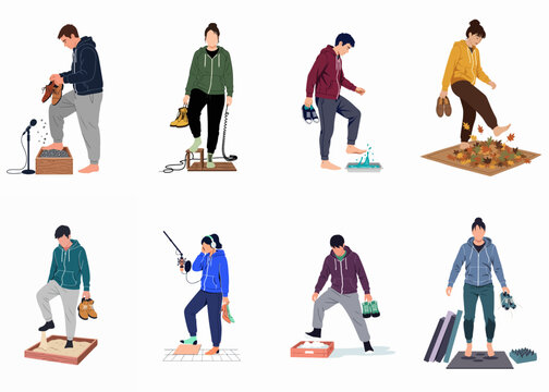 Illustration of Foley artists recording various footstep sound effects on different materials like gravel, water, leaves, and sand for audio post-production.