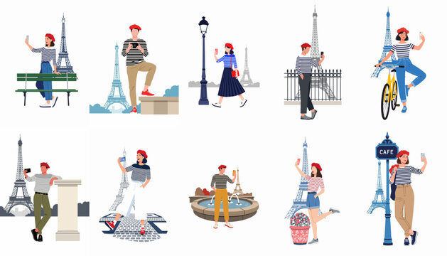 Collection of flat vector illustrations depicting tourists in Paris taking selfies and photos with the Eiffel Tower in the background.