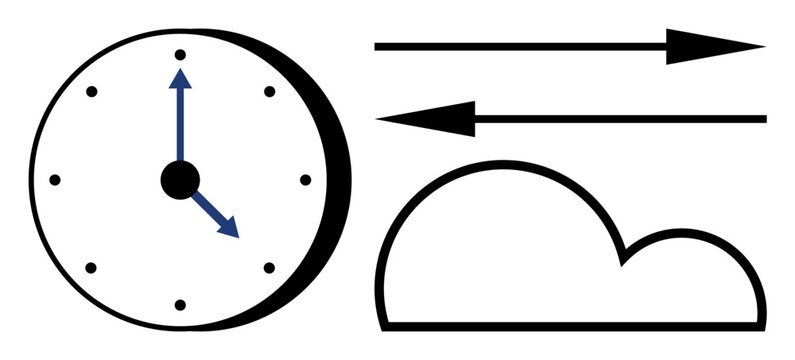 Time management, weather forecasting, motion physics, speed measurement, cloud computing, scheduling. Clock with arrows and a cloud with directional arrows. Time and weather concepts