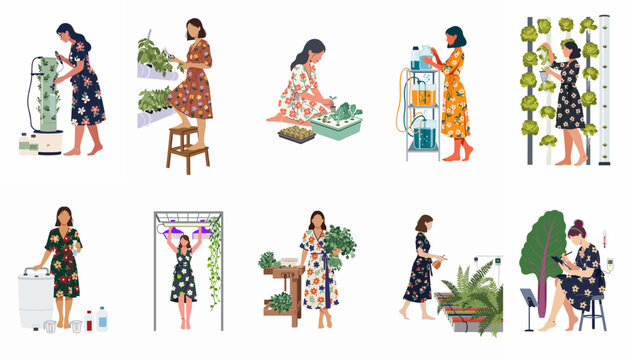 Collection of women engaged in modern indoor hydroponic gardening and urban farming using advanced technology and sustainable methods.