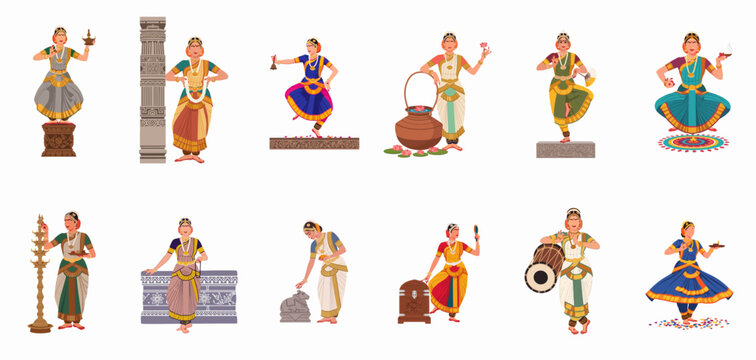 Twelve Indian classical dancers in traditional costumes and various mudras, a vector illustration set showcasing India's rich cultural heritage and performing arts.