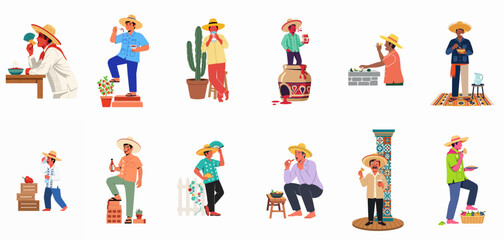 Fototapeta premium Set of Mexican men in traditional clothing enjoying various spicy foods, snacks, and drinks, isolated on a white background.