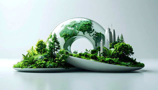 Sustainable future concept with lush green planet earth and futuristic cityscapes, symbolizing eco-friendly development and environmental technology innovation
