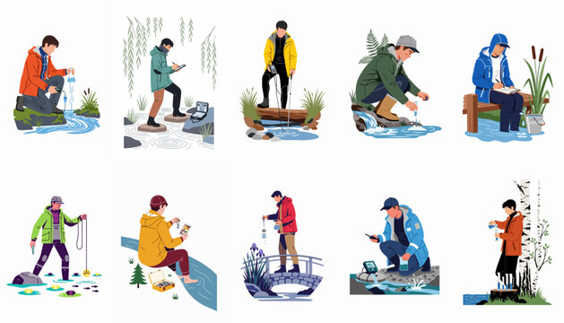 Illustrations of environmental researchers conducting water quality assessments, sampling, and monitoring in various natural aquatic habitats like rivers, lakes, and streams.