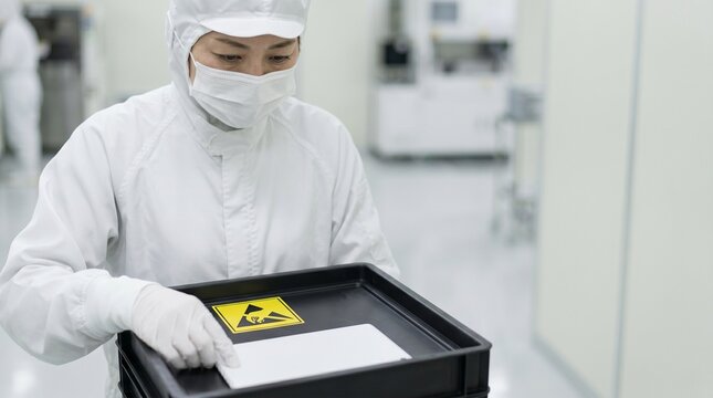 静電気防止トレイに入れた精密機器の部品を運搬するクリーンルーム内の日本人女性技術者