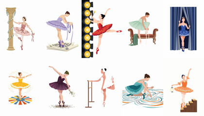 Set of ten elegant ballerina illustrations in various dance poses and colorful tutus, depicting scenes from training to stage performances. © Siji