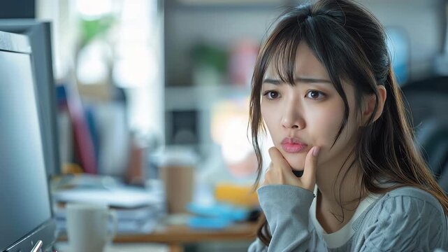 オフィスの座席で鼻をつまんで顔をしかめる若いアジア人の女性