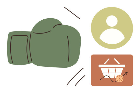 E-commerce rivalry, competitive strategies, business growth, financial challenges, consumer trends, market analysis. A boxing glove hitting a shopping cart icon. E-commerce rivalry and competitive