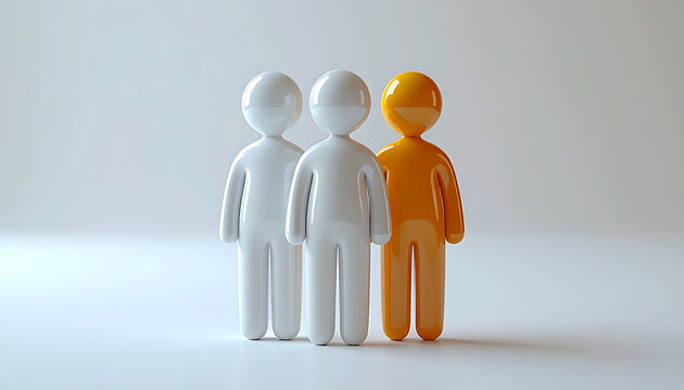three simple figures, two white and one orange standing together, concept of teamwork, leadership, diversity or exclusion on light background