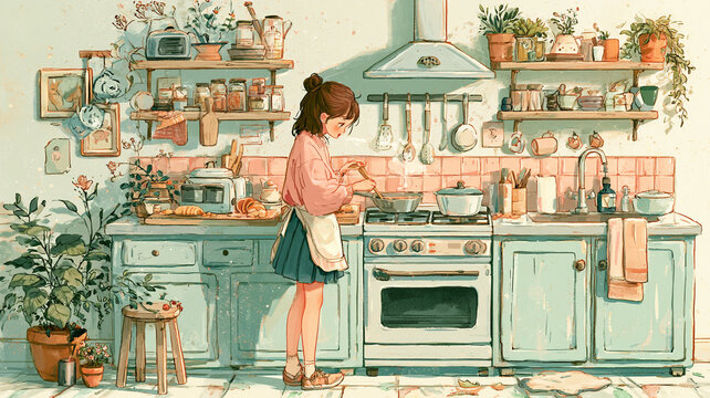 可愛い手描き風のキッチンで料理やお菓子作りをする女性を描いた暮らしの水彩イラスト、家庭料理、台所、調理風景、キッチン用品、食材、植物、棚、雑貨、インテリア、料理時間、日常、家事、カフェ風、レシピ制作、生活感、ライフスタイル素材、暮らしの道具、キッチン収納、アイキャッチ、ストック素材、ブログ素材、一人暮らし、レシピ記事、日常の幸せ、カフェメニュー、ウェブ素材、広告素材、挿絵素材、背景素材、家族時間、