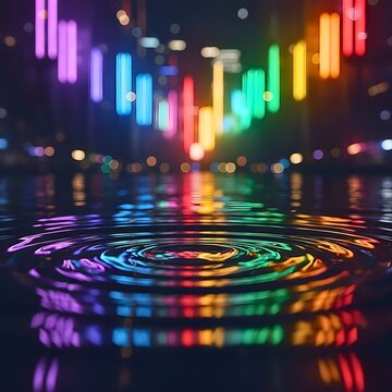Abstract Fluid Water Ripples Reflecting Colorful Rainbow Neon Lights, City Night Bokeh Background, LGBTQ+ Pride Spectrum