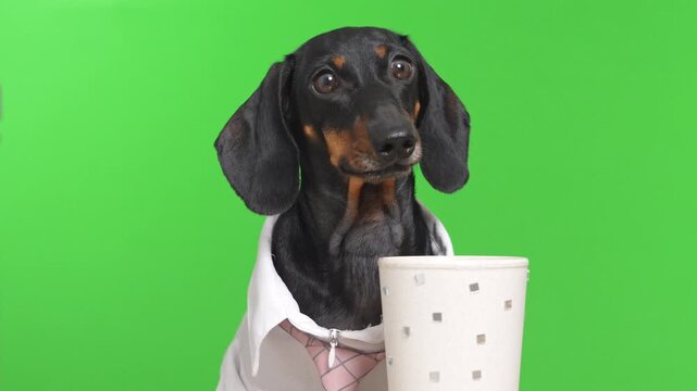 Cute black dachshund dog wearing white shirt holding ceramic decorative cup vessel on bright green chroma key background, concept morning coffee or drink break