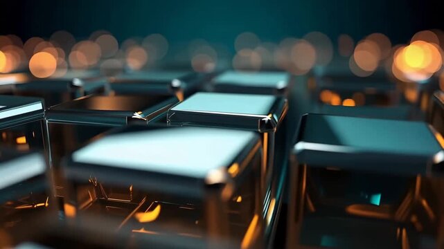 Various reflective cubes catch light and form patterns in a dark area. The shifting reflections add depth and interest to the visuals as light plays across the surfaces.