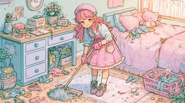 子ども部屋を掃除する小さな女の子を描いた、やわらかな手描き風の暮らしイラスト、寝室、片付け、整理整頓、家事、お手伝い、生活習慣、室内、インテリア、家具、収納、猫、ぬいぐるみ、日常風景、清潔感、家族、教育、成長、キッズルーム、住まい、ブログ、広告、挿絵、背景、ストック素材、商用利用、児童、学習、しつけ、習慣づけ、住空間、模様替え、室内装飾、生活教育、親子時間、かわいい、イラスト素材、癒やし、家の仕事