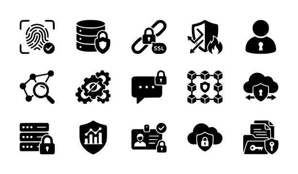 Network Security and Data Privacy Protection Icons - Secure Database and SSL Encryption Vector Set