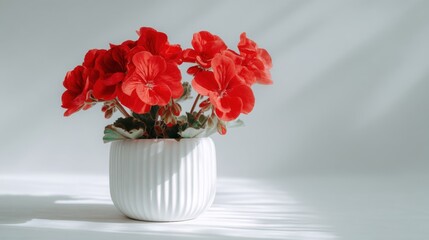 Obraz premium Bright Red Geranium Flowers in White Pot with Soft Shadow Background and Natural Light Highlighting Petals