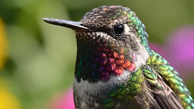 Closeup of a male Annas Hummingbird with iridescent feathers.
