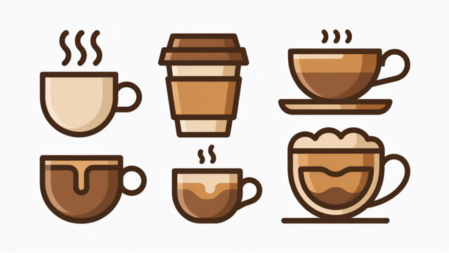Vector illustration of six different types of coffee cups and mugs isolated on white background Vector