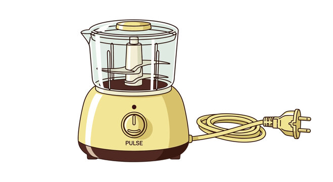 Compact electric food chopper with power cord and plug, kitchen appliance illustration.