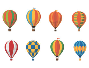Obraz premium Colorful hot air balloon collection featuring vibrant striped flying aerostats in playful vintage travel inspired vector illustration designs
