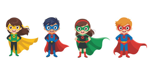 Cute superhero kids characters, cartoon boys and girls, colorful costumes, fantasy heroes, children illustration, playful adventure concept design © LT studio