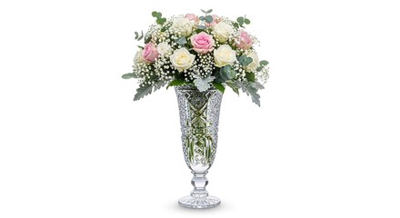 Obraz premium Elegant Floral Arrangement in a Crystal Vase on White Background.