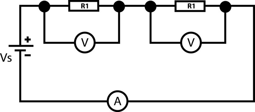 Electrical Circuit Schematic With Battery, Resistors, Voltmeters and Ammeter for Measurement and Teaching