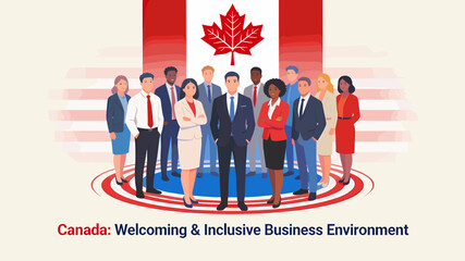 A diverse group of professionals stands united under the Canadian flag, symbolizing a welcoming and inclusive business environment in Canada. © Teko