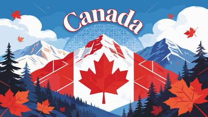 Vibrant illustration of the Canadian flag superimposed on a majestic mountain landscape with autumn leaves. © Teko