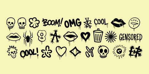 Graffiti doodle symbols collection, urban street art stickers illustration, edgy spray paint icons, grunge comic vector elements © LT studio