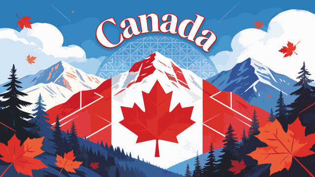 Vibrant illustration of the Canadian flag superimposed on a majestic mountain landscape with autumn leaves.
