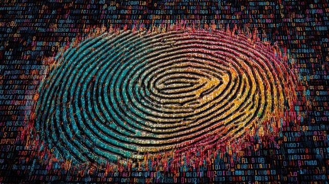 Colorful digital fingerprint on binary code background showcasing technology, security, and innovation in modern identity verification