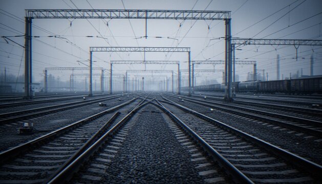 A moody, low-angle shot of a railway yard with parallel tracks stretching into the foggy distance under intricate overhead power lines.