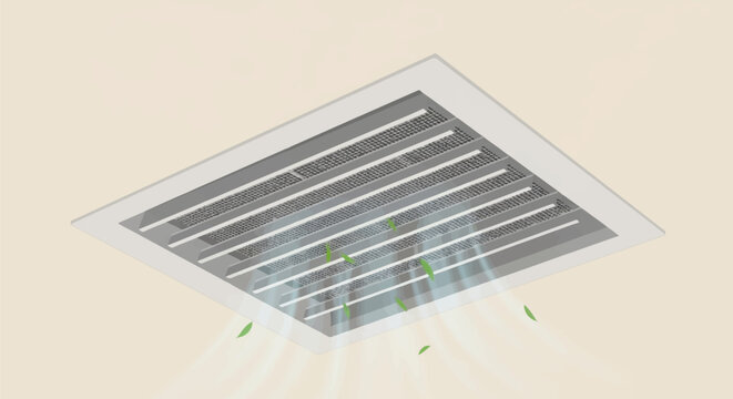 Rectangular ceiling air vent with metallic slats and internal mesh filter emitting fresh air flow and green leaves to represent air purification and efficient indoor ventilation.