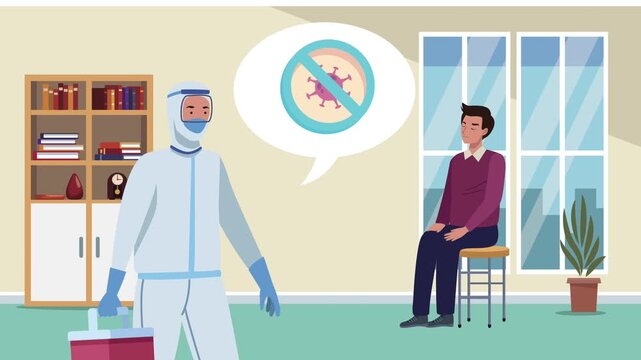 Medical professional in biohazard suit visiting patient at home for virus prevention consultation animated footage.