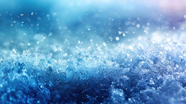 Glimmering Ice Particles and Snow on a Cold Winter Day with a Soft Blue Background and Abstract Bokeh Effect