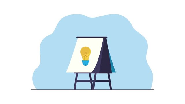 Flat vector animation of light bulb on presentation board representing creative business ideas and innovation concept.