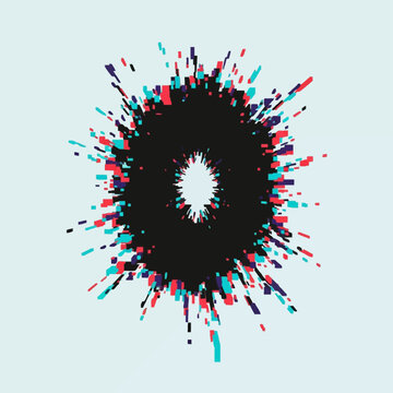 Abstract digital explosion of a black circular ring into colorful cyan magenta and red geometric fragments on a light blue background showing a glitch art style effect.